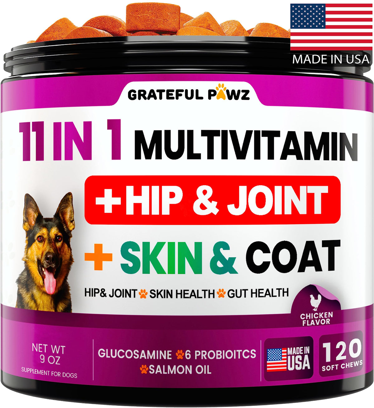 Grateful Pawz vitaminas caninas masticables con glucosamina para movilidad y energía diaria
