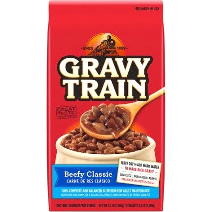 Gravy Train Beefy Classic: pienso seco crujiente para perros con sabor a res y nutrición completa.
