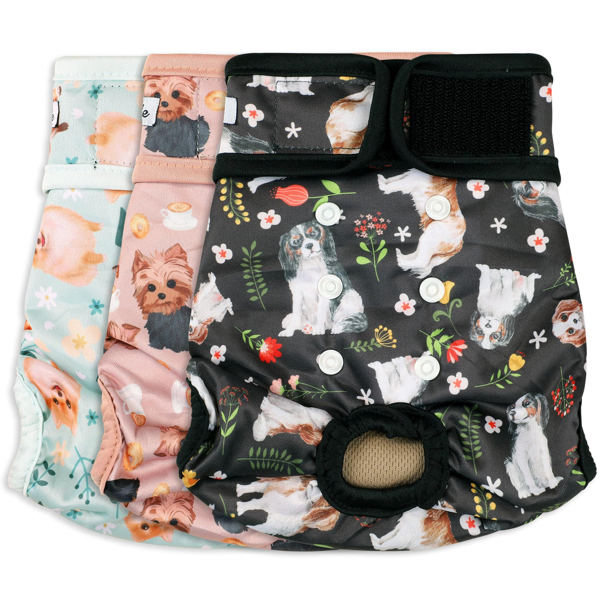 Pañales Grecle para perras femeninas, tres-pack, ajuste cómodo para la cintura.