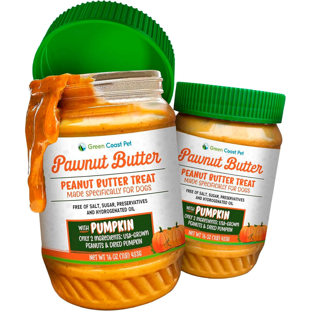 Green Coast Pet mantequilla de maní con calabaza, sabor suave y fibra natural.