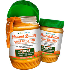 Green Coast Pet mantequilla de maní con calabaza, sabor suave y fibra natural.