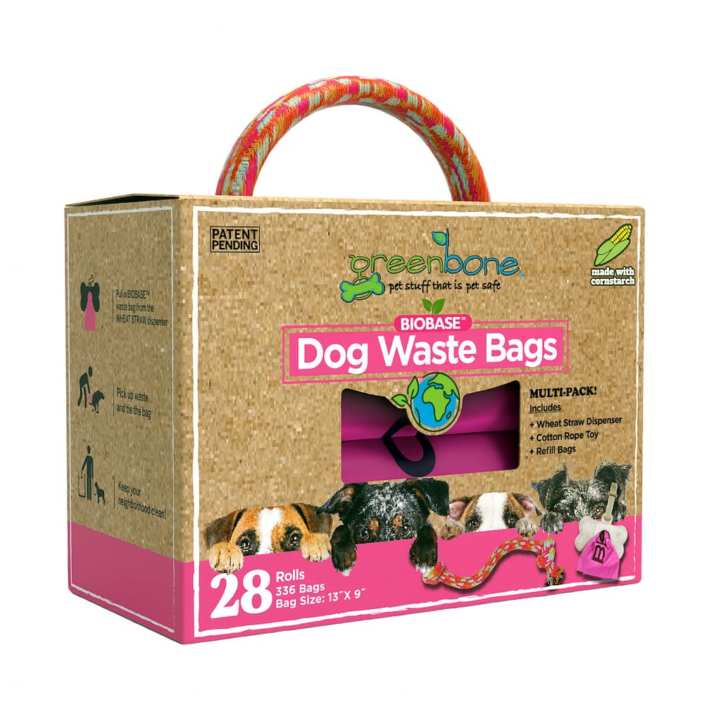 Greenbone bolsas para heces rosa con dispensador, práctico para paseos diarios