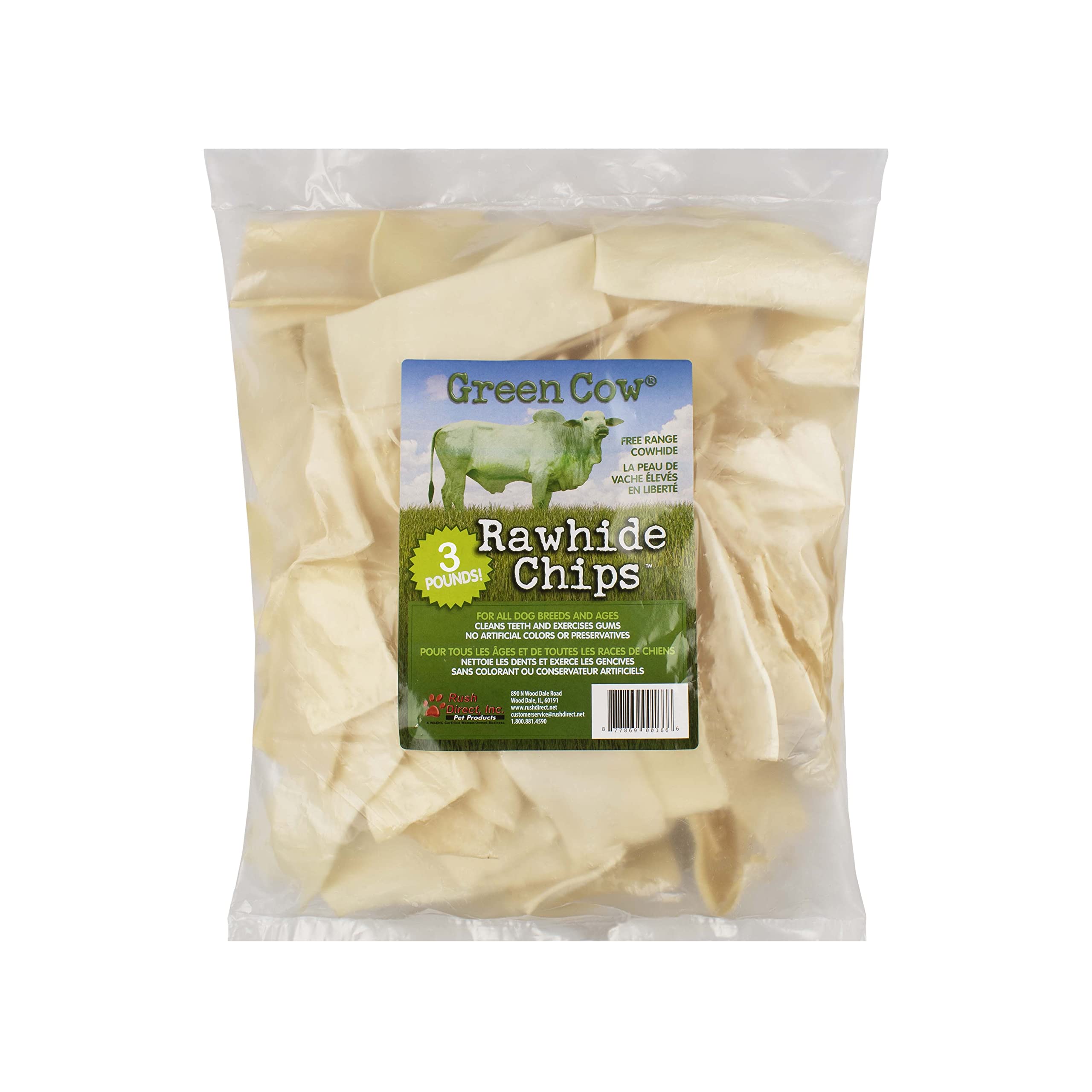 GreenCow Rawhide Chips: bolsa de 3 libras para perros grandes, masticación prolongada