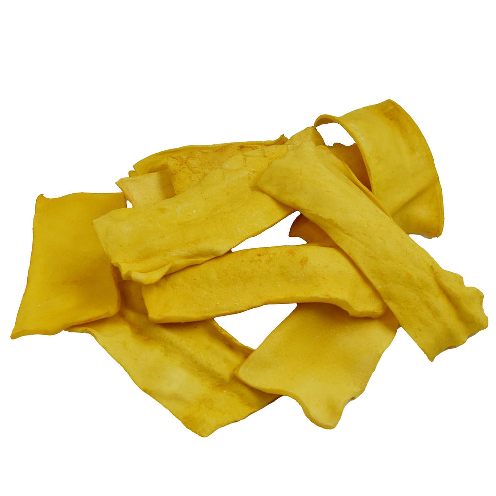 GreenCow Rawhide Chips, durabilidad para masticación prolongada, ideal para perros grandes.