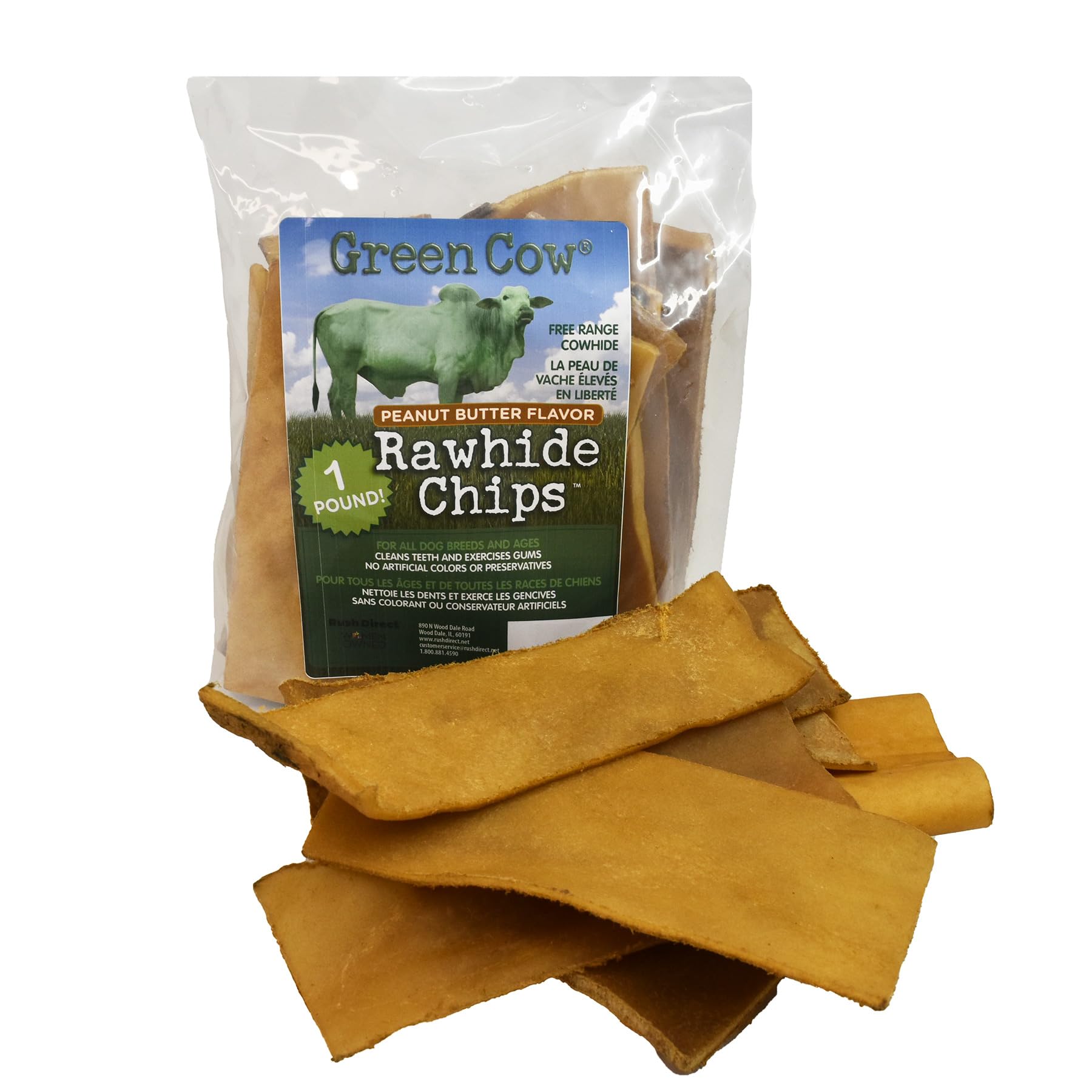 GreenCow Rawhide Chips 1 libra, bolsa, sabor cacahuete, para perros grandes.
