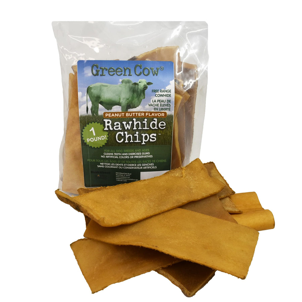 GreenCow Rawhide Chips 1 libra, bolsa, sabor cacahuete, para perros grandes.