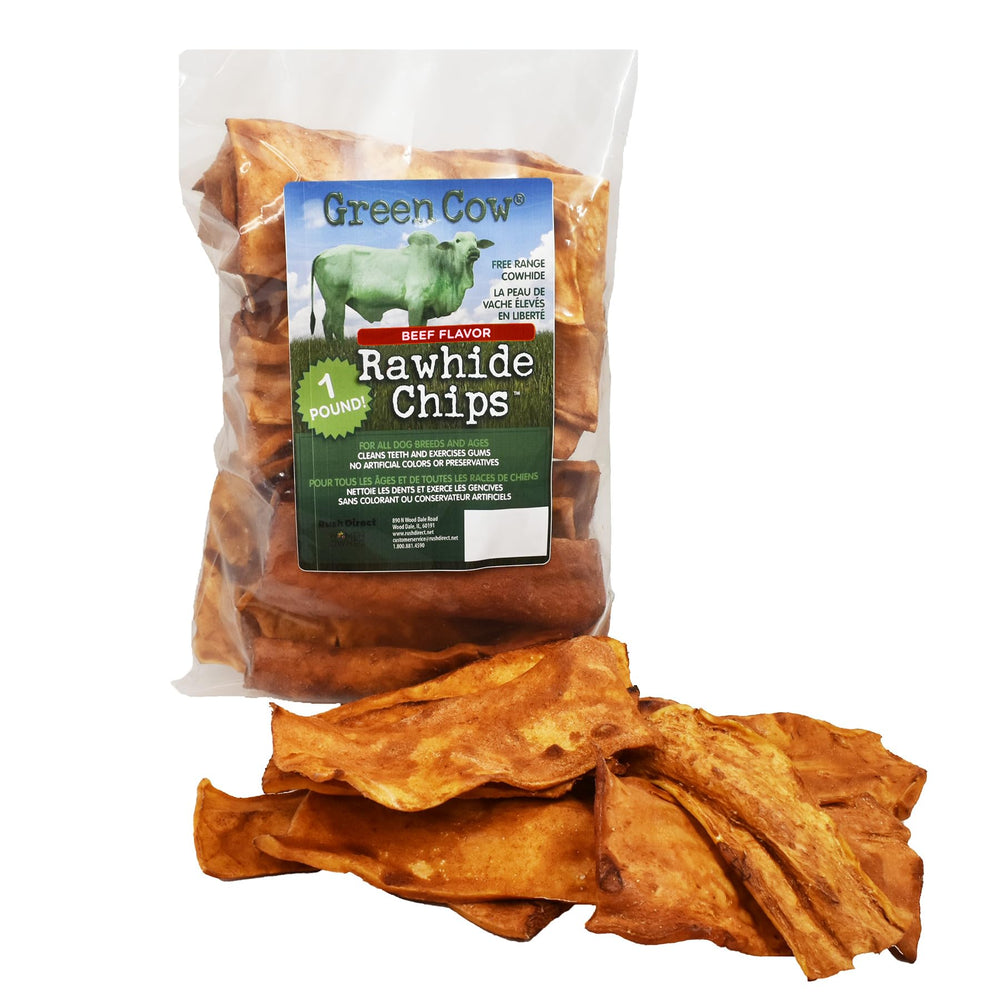 GreenCow Rawhide Chips, sabor carne, ideal para masticar y entretener perros.