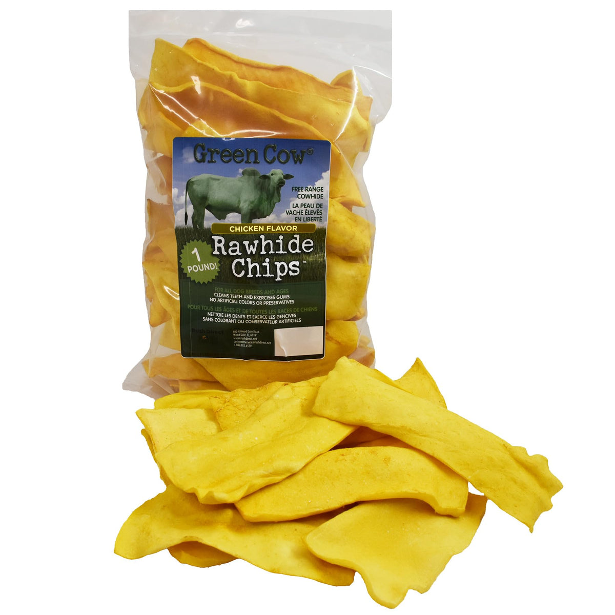 GreenCow Rawhide Chips sabor pollo, bolsa 1 lb, para masticar de forma prolongada.