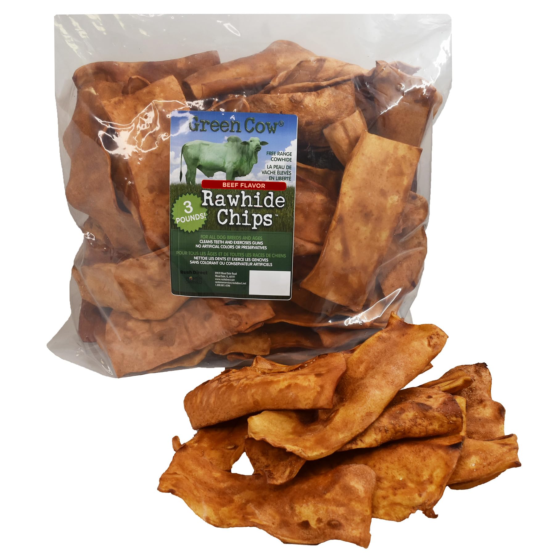 GreenCow Rawhide Chips trozos de cuero crudo con sabor carne para morder perros grandes