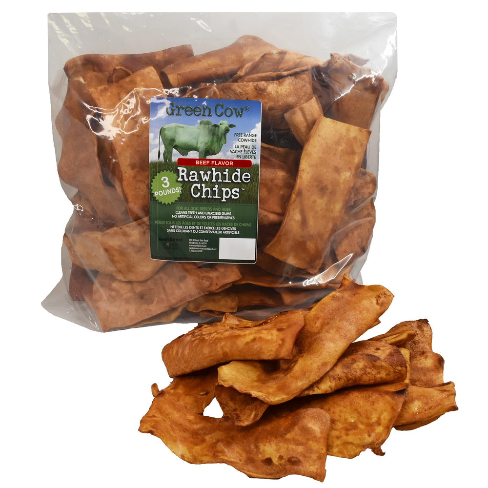 GreenCow Rawhide Chips trozos de cuero crudo con sabor carne para morder perros grandes
