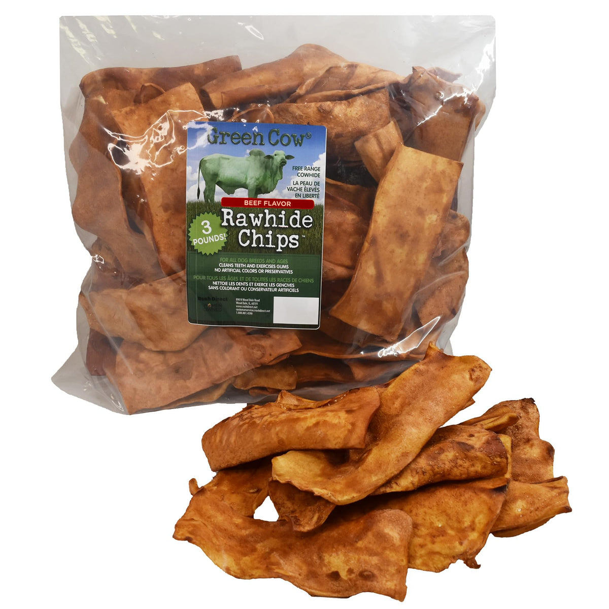 GreenCow Rawhide Chips trozos de cuero crudo con sabor carne para morder perros grandes