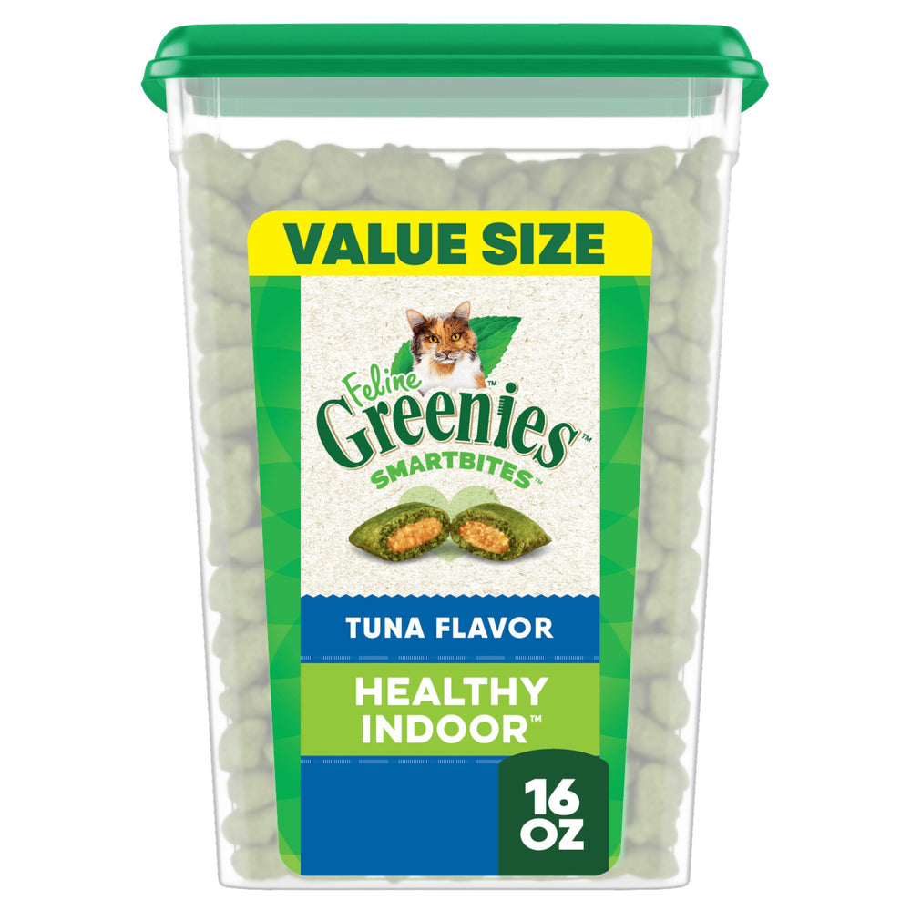 Greenies Bocados Inteligentes para gatos de interior con sabor atún en tubo de 16 onzas.
