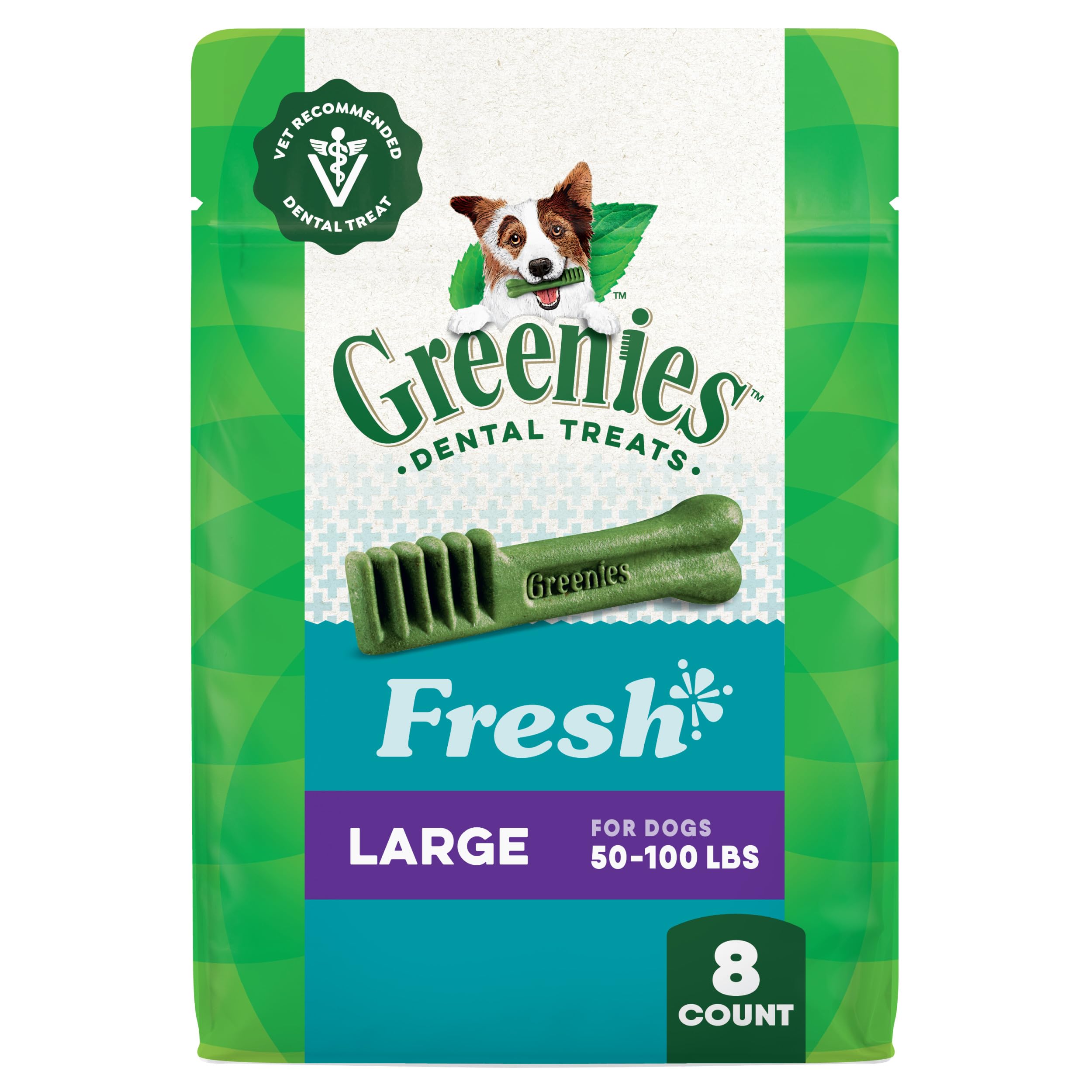 Greenies: empaque frontal, premio dental para perros con sabor fresco