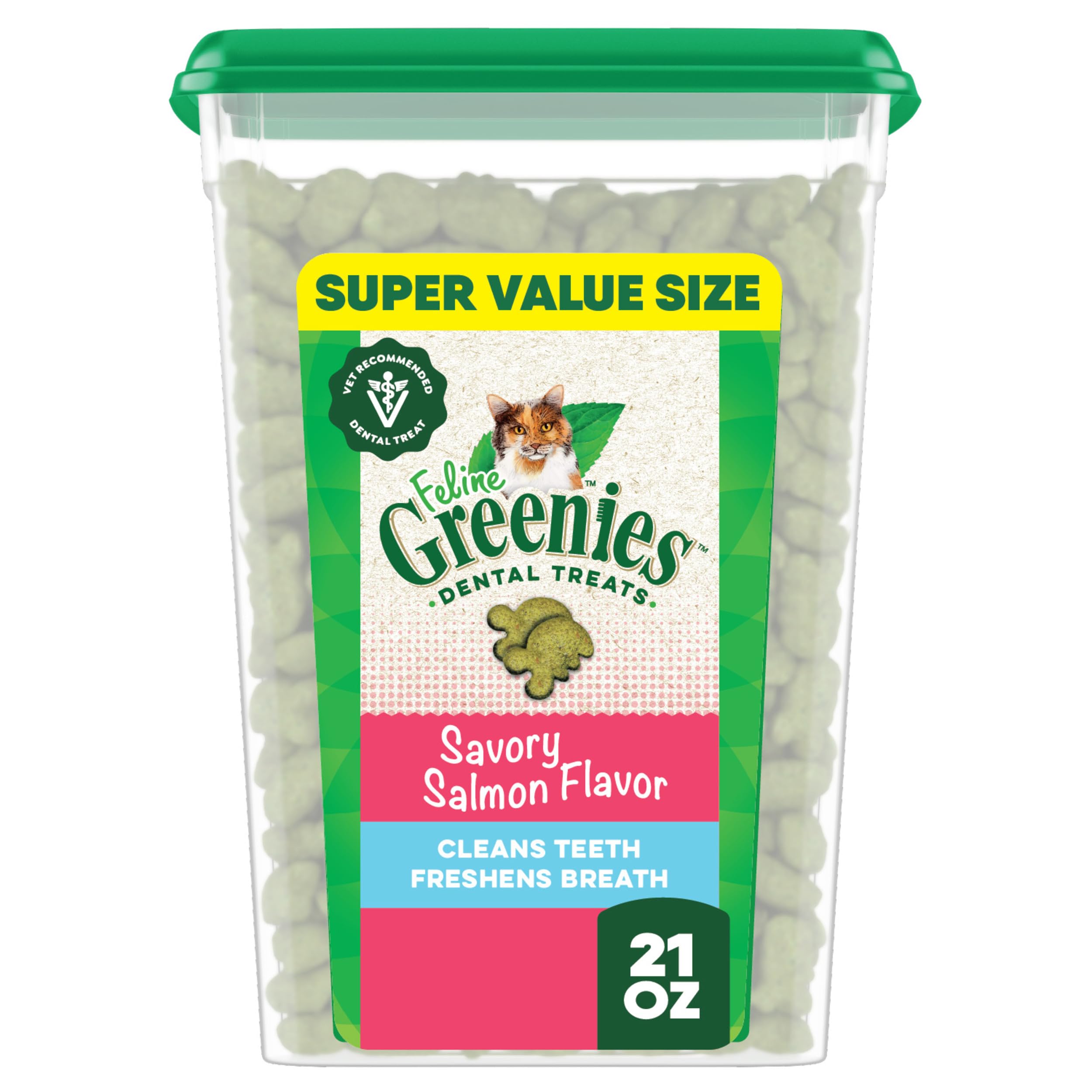Greenies Feline: empaque de 21 oz con golosinas dentales sabor salmón para cuidado bucal