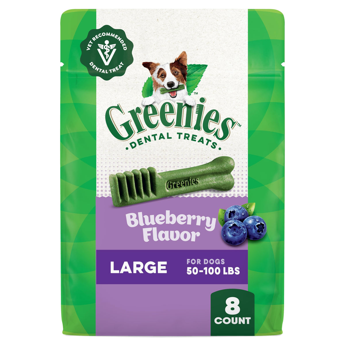 Greenies golosinas dentales para perro adulto, sabor arándano, empaque de 12 onzas.
