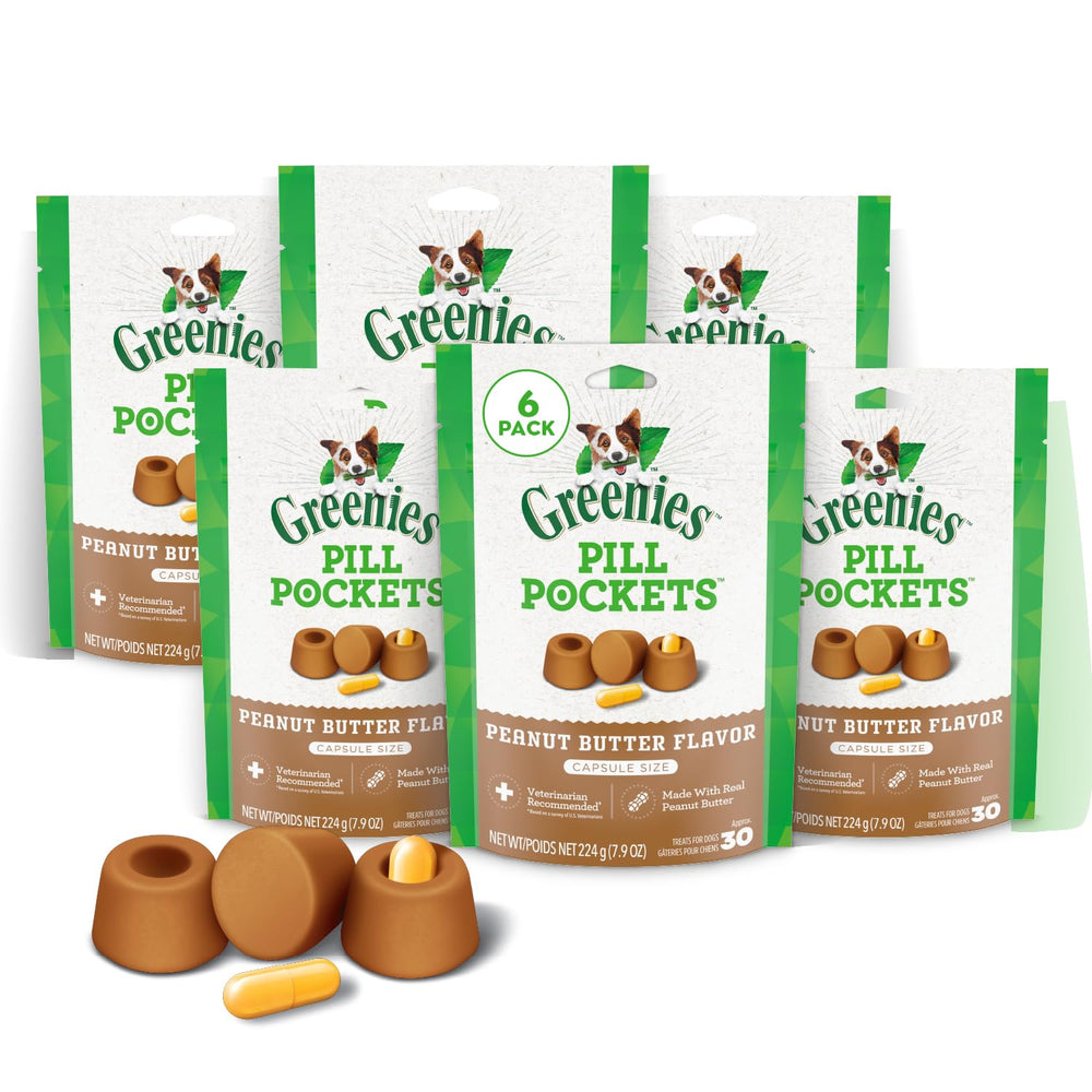 Greenies muestra bolsillos para pastillas para perros talla grande cubriendo la cápsula.