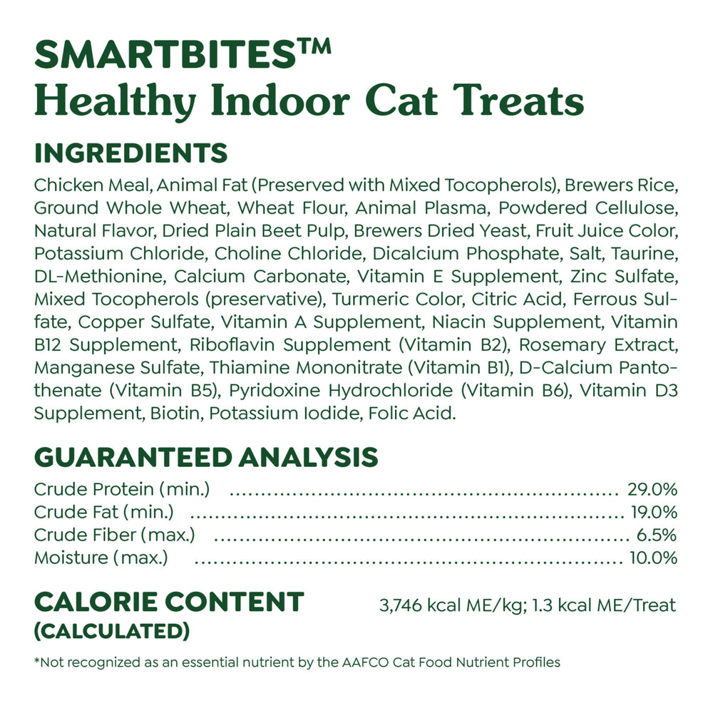 Greenies Smartbites sabor pollo irresistible para gatos de interior.
