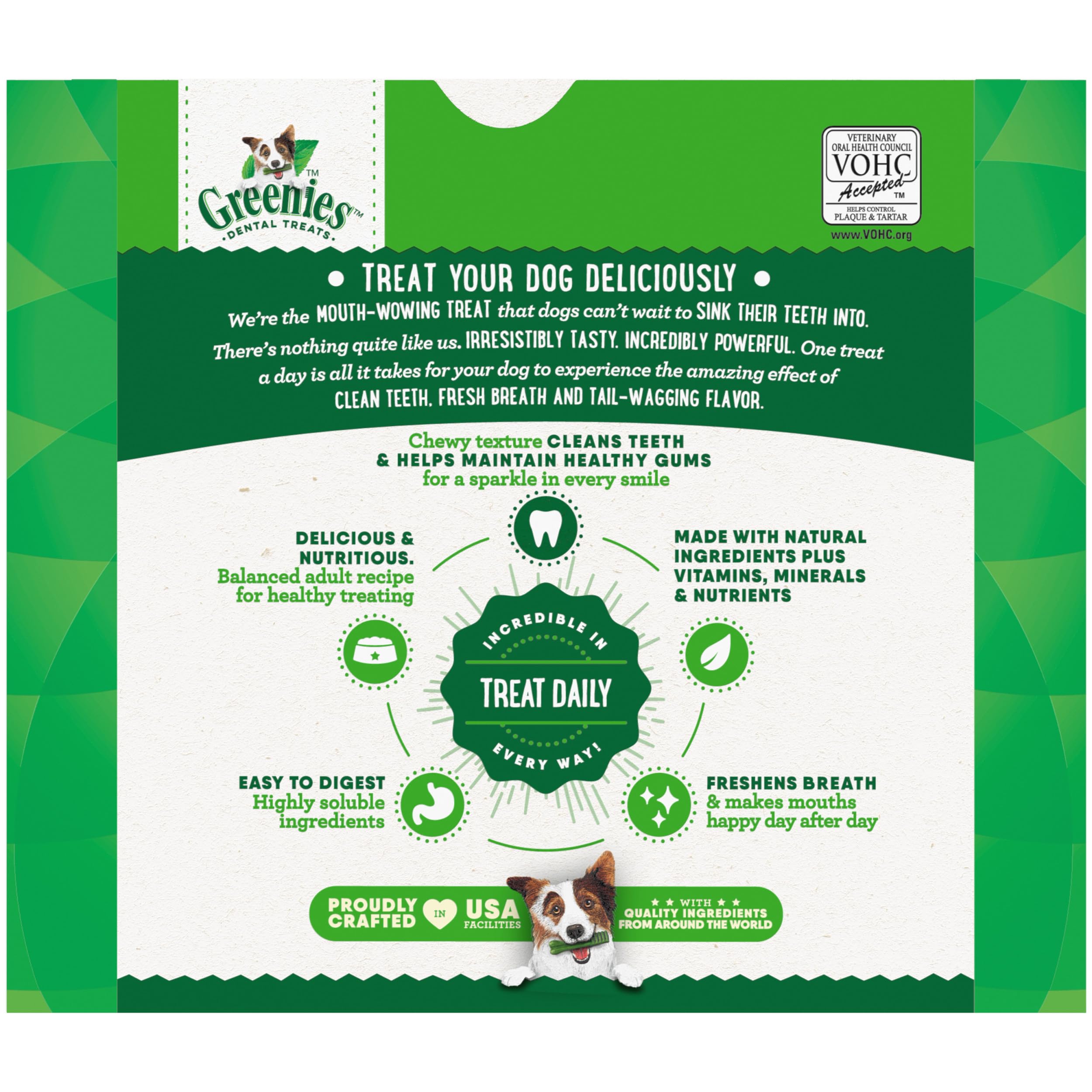 Greenies uso diario para perros de tamaño 15–25 libras, masticación segura.