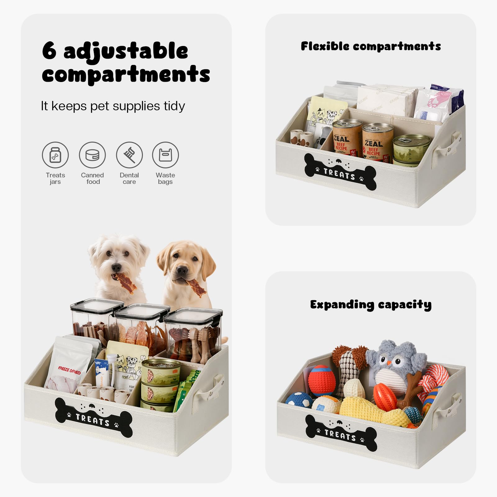 GreenPetopia dog treat container interior partitions for organizing treats and supplies.