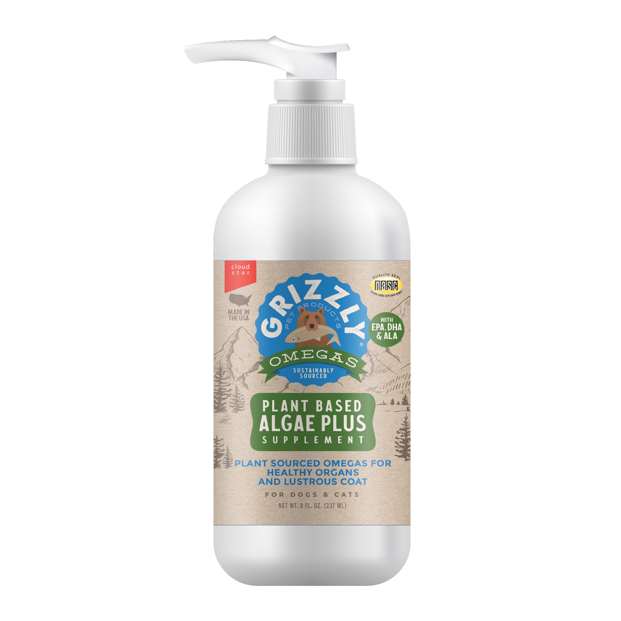 GRIZZLY Algal Plus Omega 3-6-9, frasco-8oz: pelaje saludable y piel brillante.