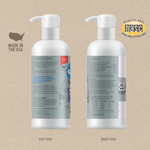 Grizzly Life Stage Liquid, etiqueta frontal, transmite confianza y claridad sobre la dosis para mascotas senior.
