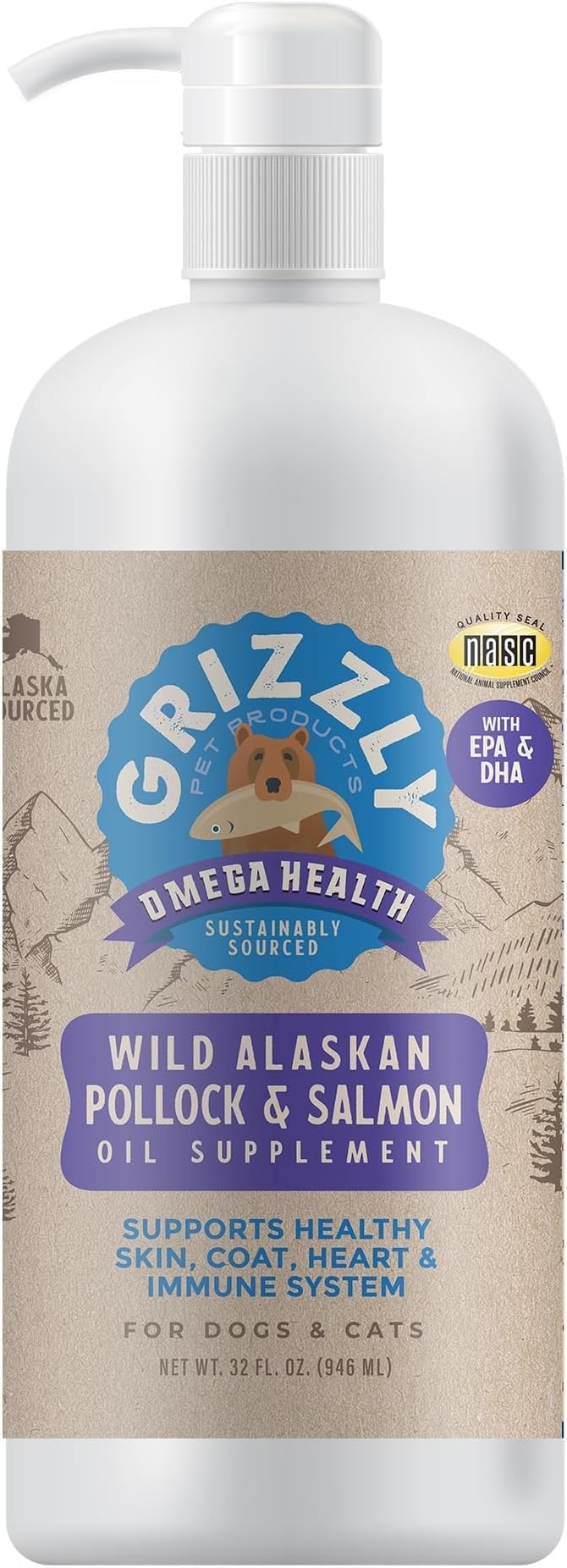 Grizzly Omega Health, botella de 32 onzas para dosis diarias en comida.