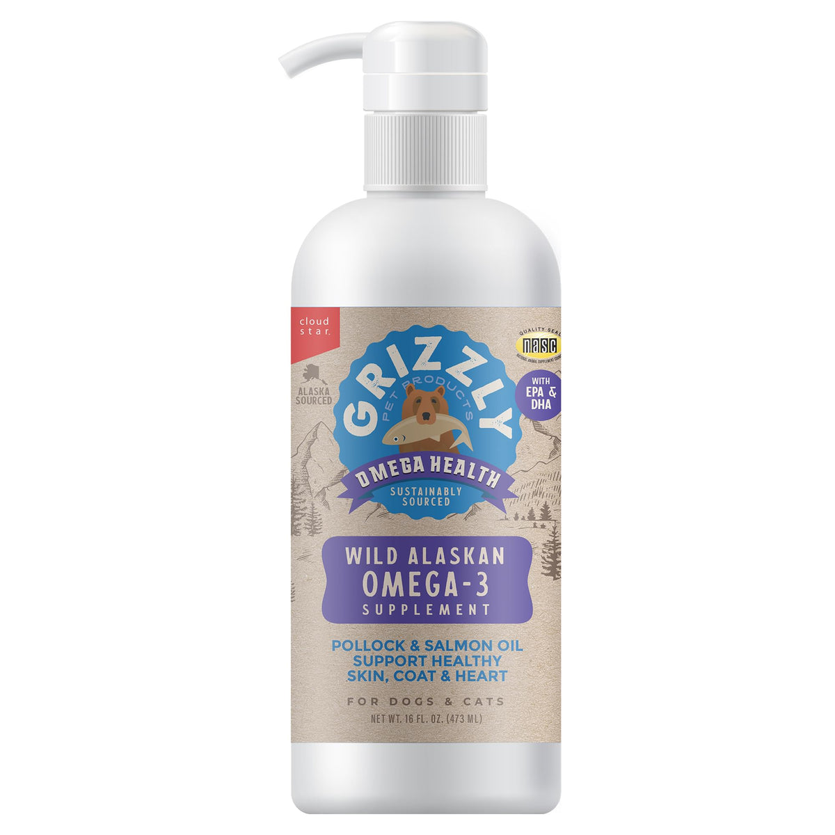 GRIZZLY PET PRODUCTS Omega Health: botella-omega-3 para mascotas, piel y pelaje saludables.