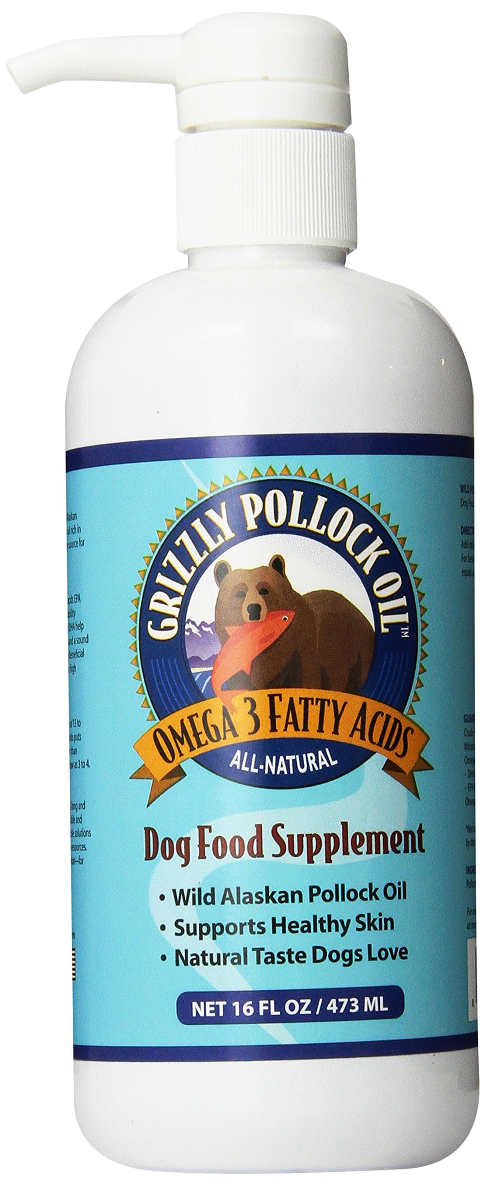 Grizzly Pollock Oil: botella con dosificador para añadir Omega-3 a la comida del perro