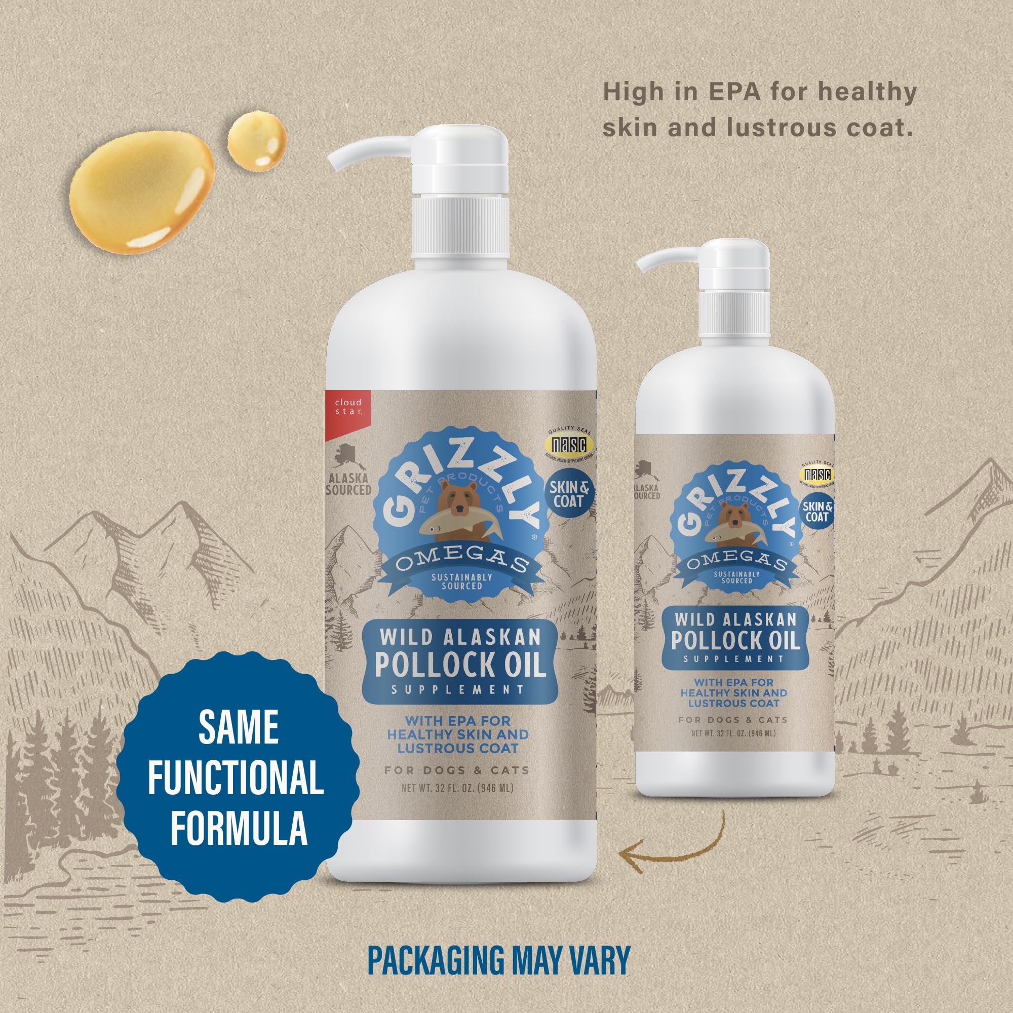 GRIZZLY Pollock Oil etiqueta NASC que garantiza calidad y origen del producto