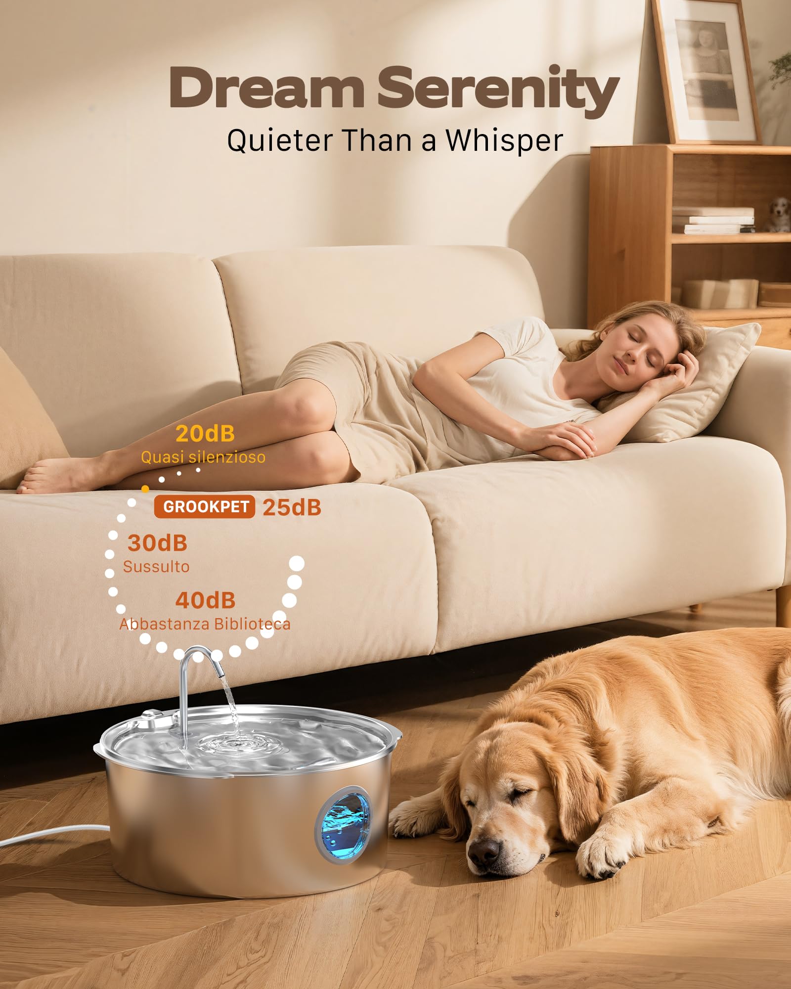 Bebedero GROOKPET con filtración de 4 etapas para agua fresca.