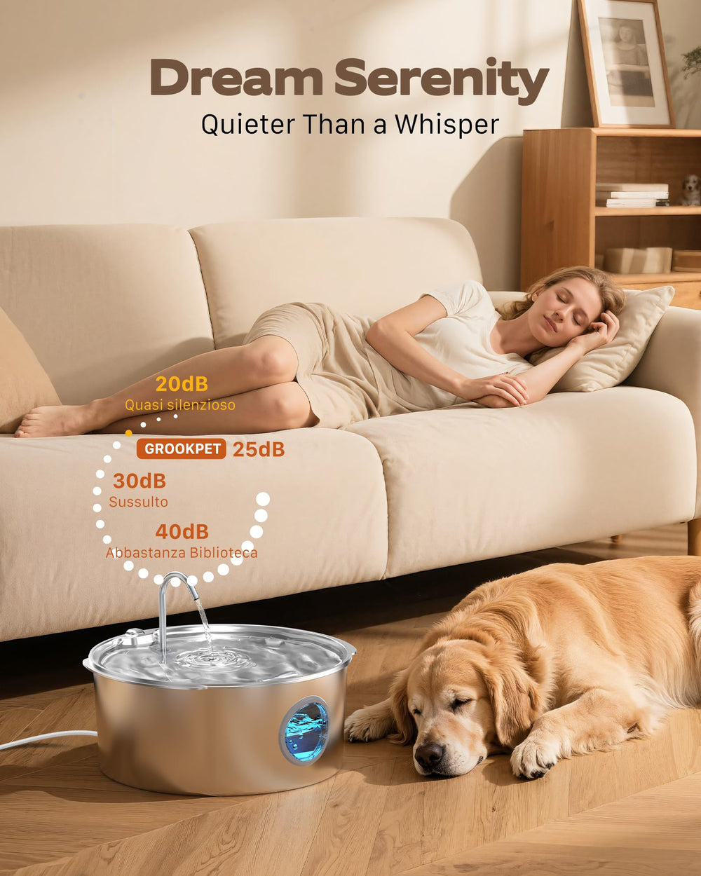 Bebedero GROOKPET con filtración de 4 etapas para agua fresca.