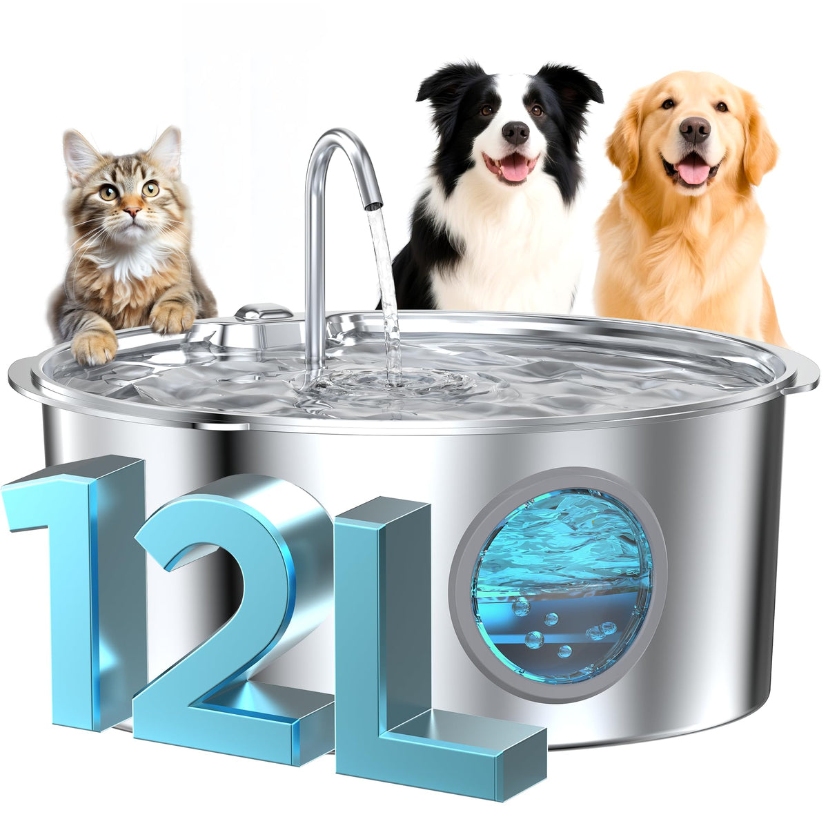 GROOKPET fuente de agua para perros grandes en acero inoxidable, duradera
