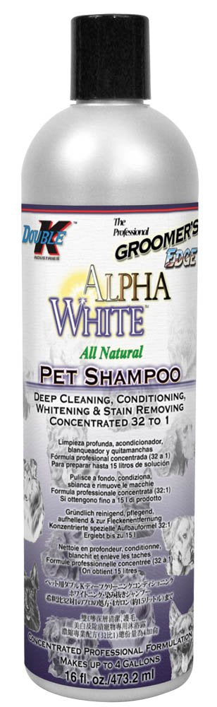 Groomer's Edge Alpha White, champú 16oz, etiqueta visible para resaltar el blanco