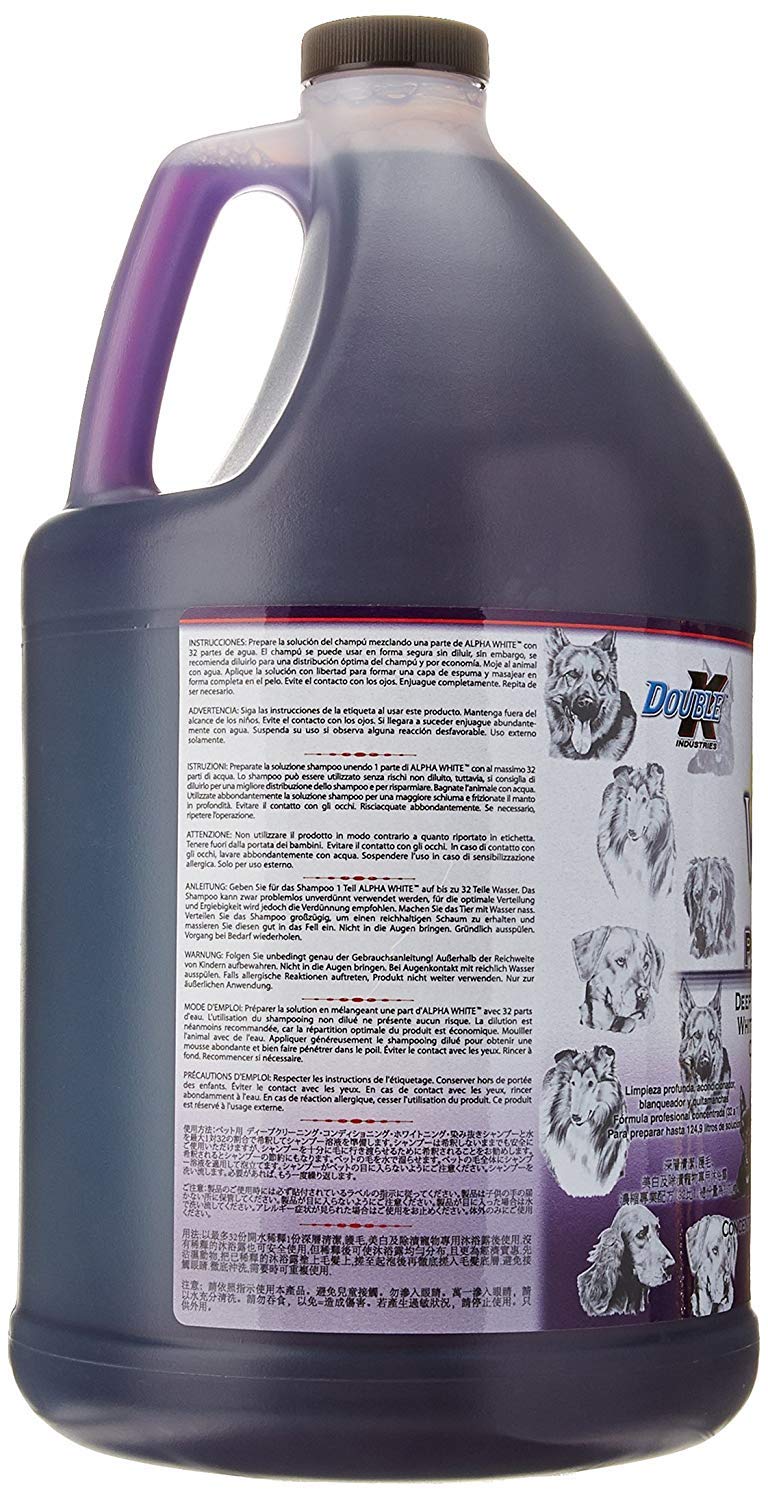Groomers Edge Alpha White Champú, etiqueta legible, pH balanceado para mascotas y limpieza suave.