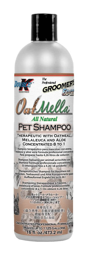 Groomer's Edge Oat-Mella champú para mascotas, botella frente, suave para piel sensible.
