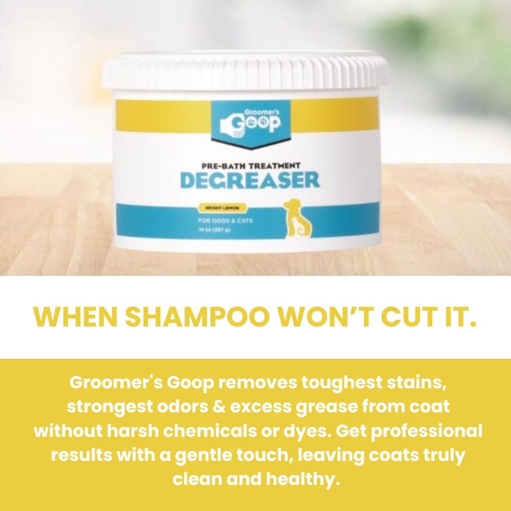 Aplicación pre-champú de Groomers GOOP disuelve grasa y facilita lavado.