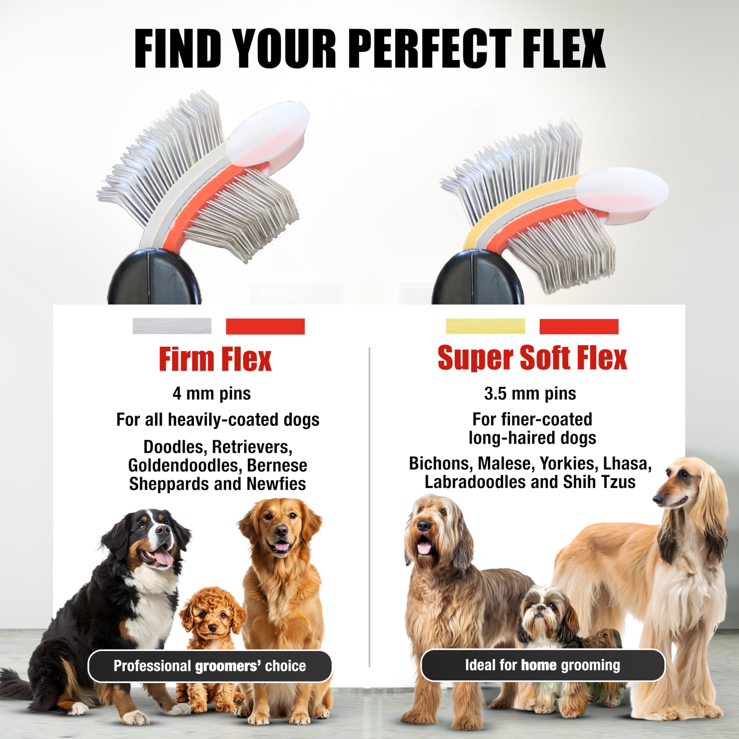 FlexIt con mango ergonómico facilita grooming cómodo y preciso.