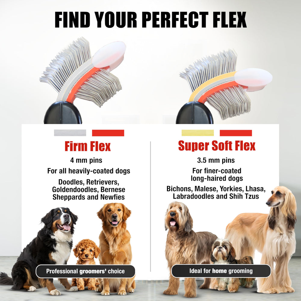 FlexIt con mango ergonómico facilita grooming cómodo y preciso.