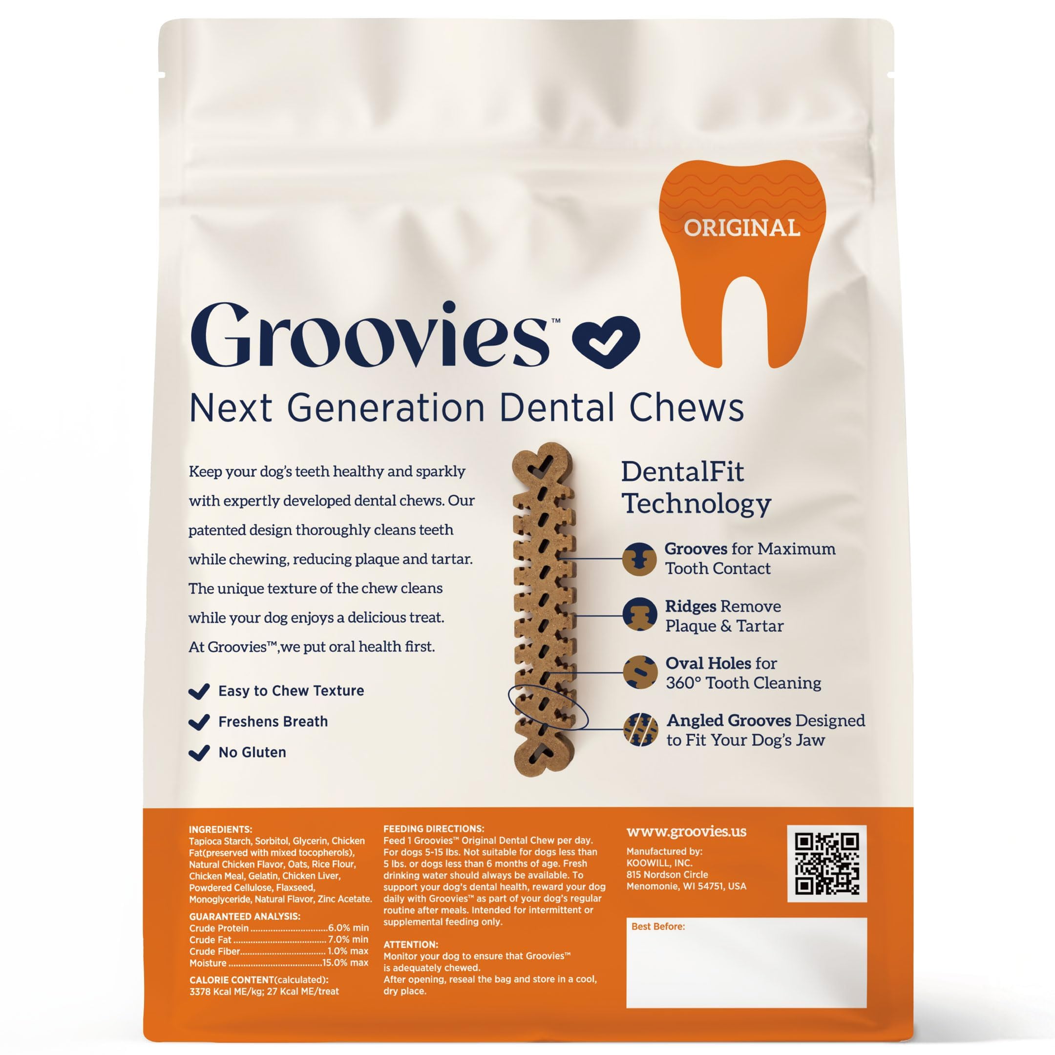 Groovies textura duradera para masticar, ayuda a reducir acumulación y sabor agradable.