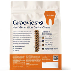 Groovies textura duradera para masticar, ayuda a reducir acumulación y sabor agradable.