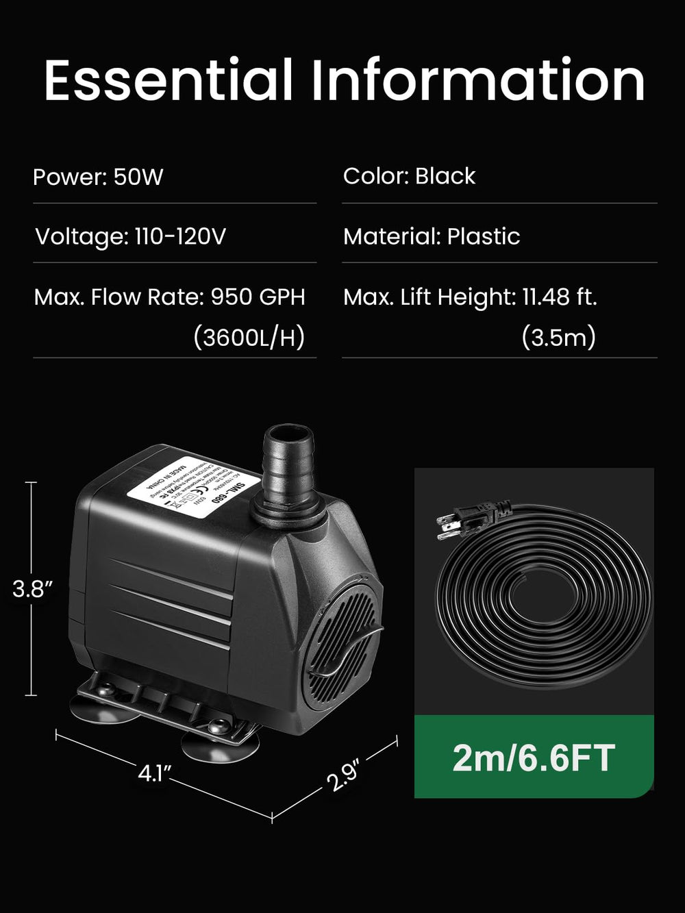 GROWNEER 950GPH cable de alimentación de 6,6 pies para instalación fácil