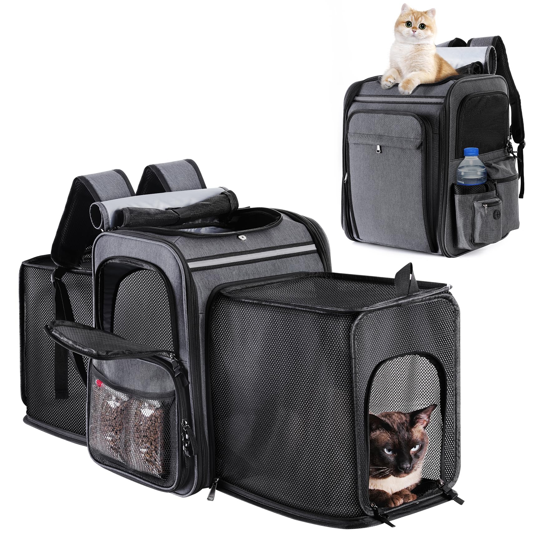 GROXKOX Mochila portador de gato expandible de doble lado, ideal para viajes cómodos.