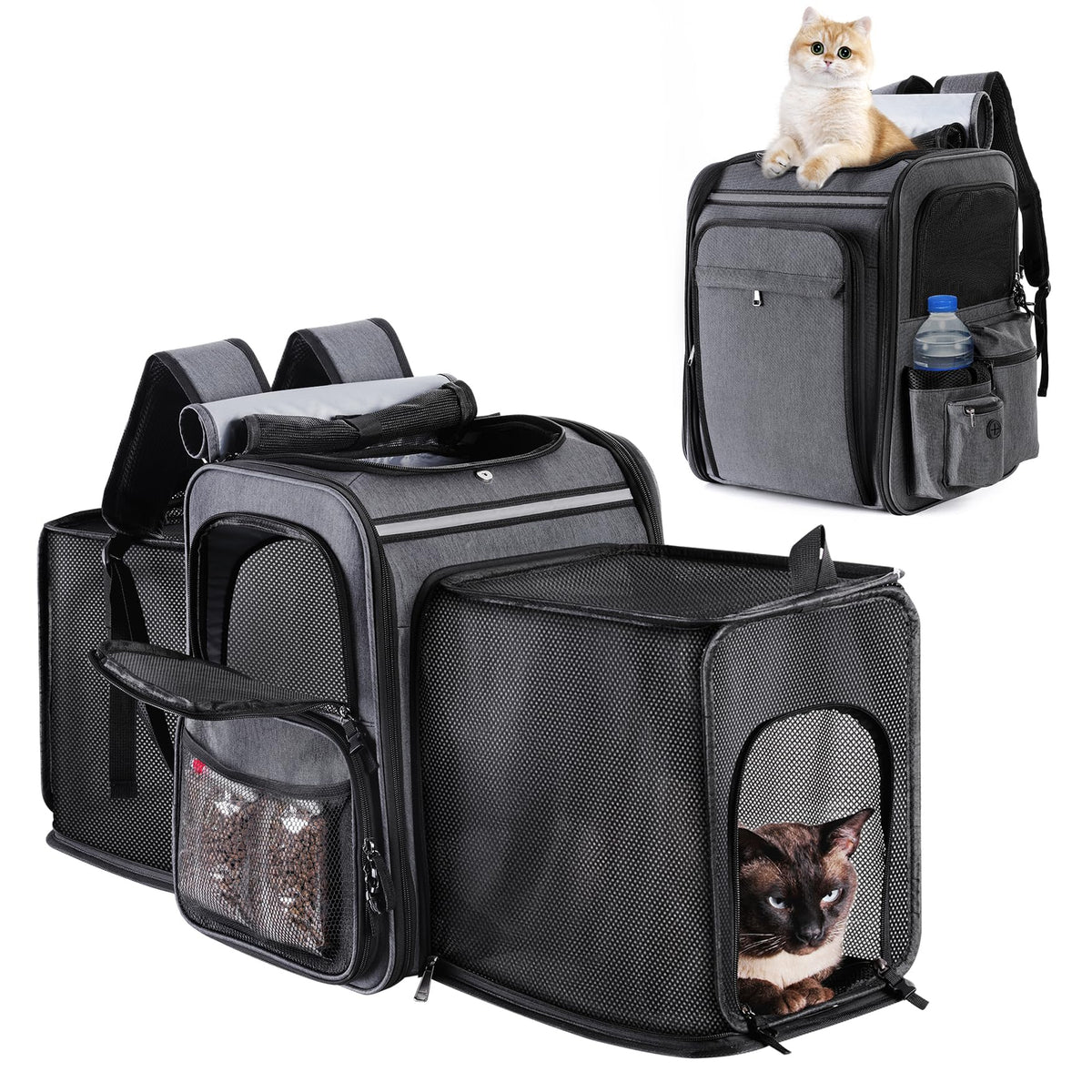 GROXKOX Mochila portador de gato expandible de doble lado, ideal para viajes cómodos.