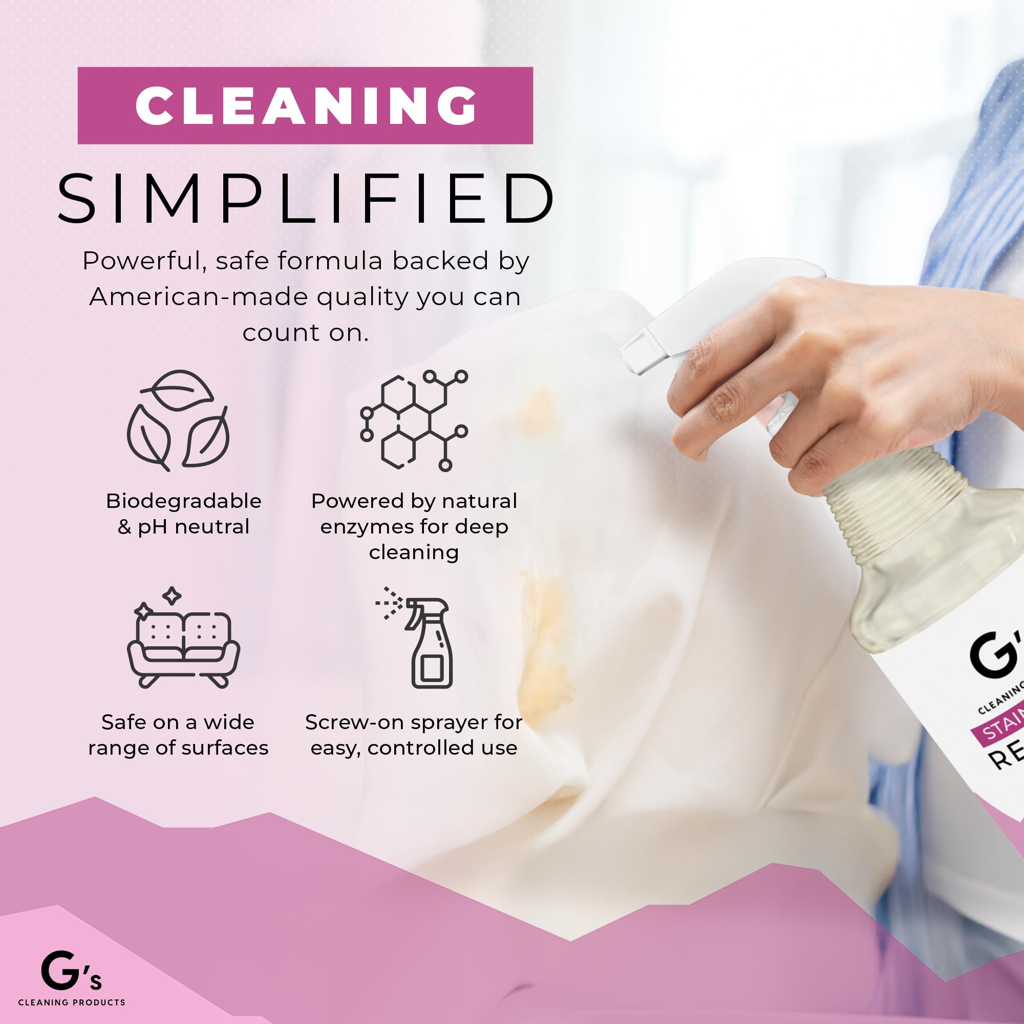 G's Cleaning: paño blanco reutilizable incluido para secar.