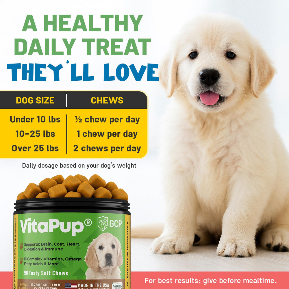 Calcio y Vitamina D en VitaPup para desarrollo óseo.