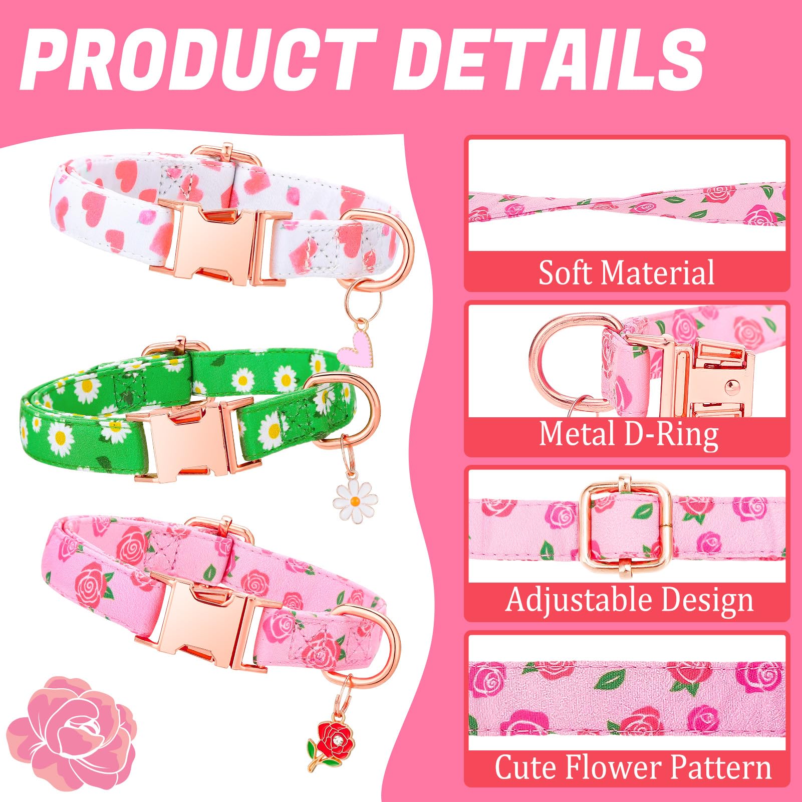 Guiqulai collar ajustable floral rosa; cómodo para paseos largos.