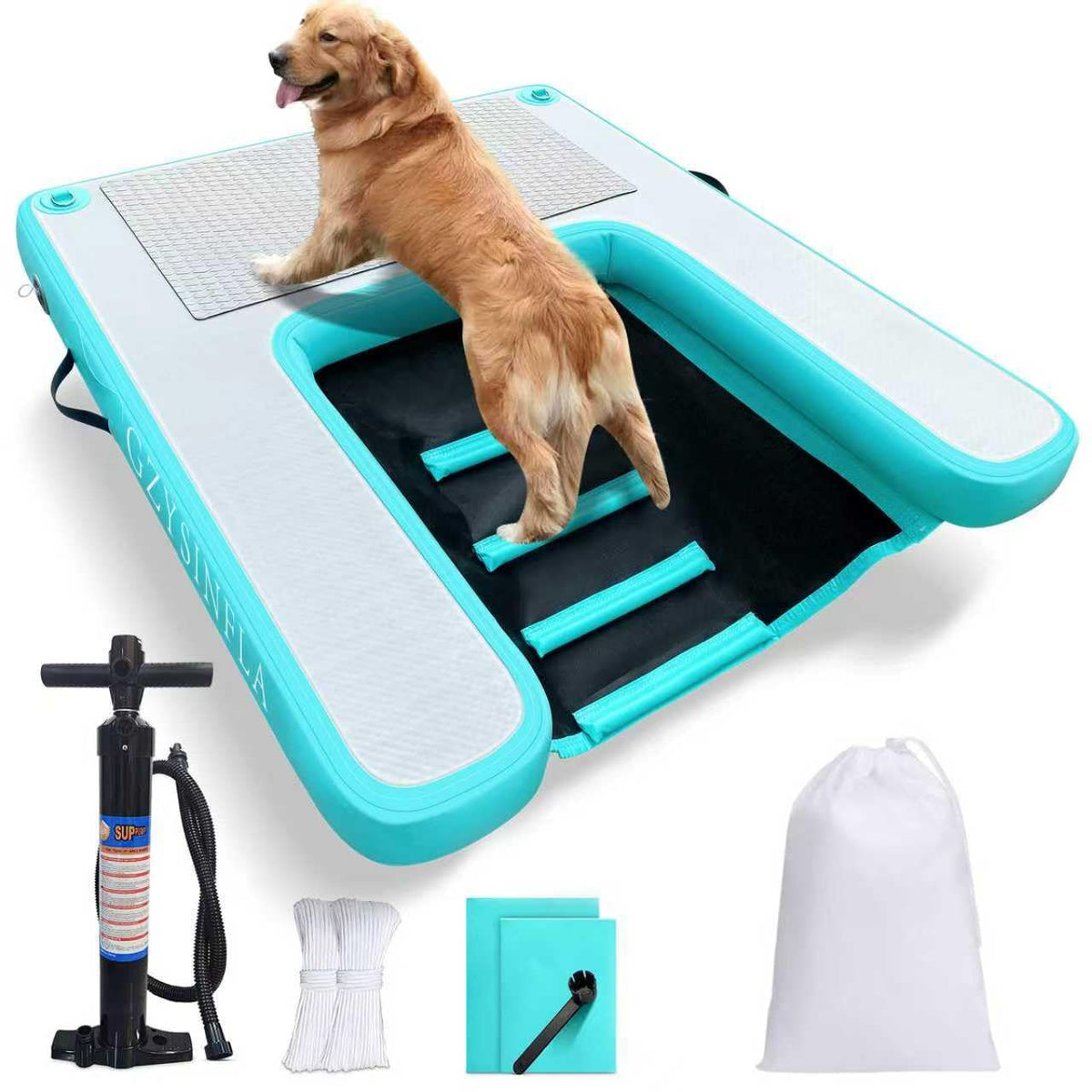 Rampa inflable para perros grandes de GZYSINFLA en barco, fácil acceso al agua.