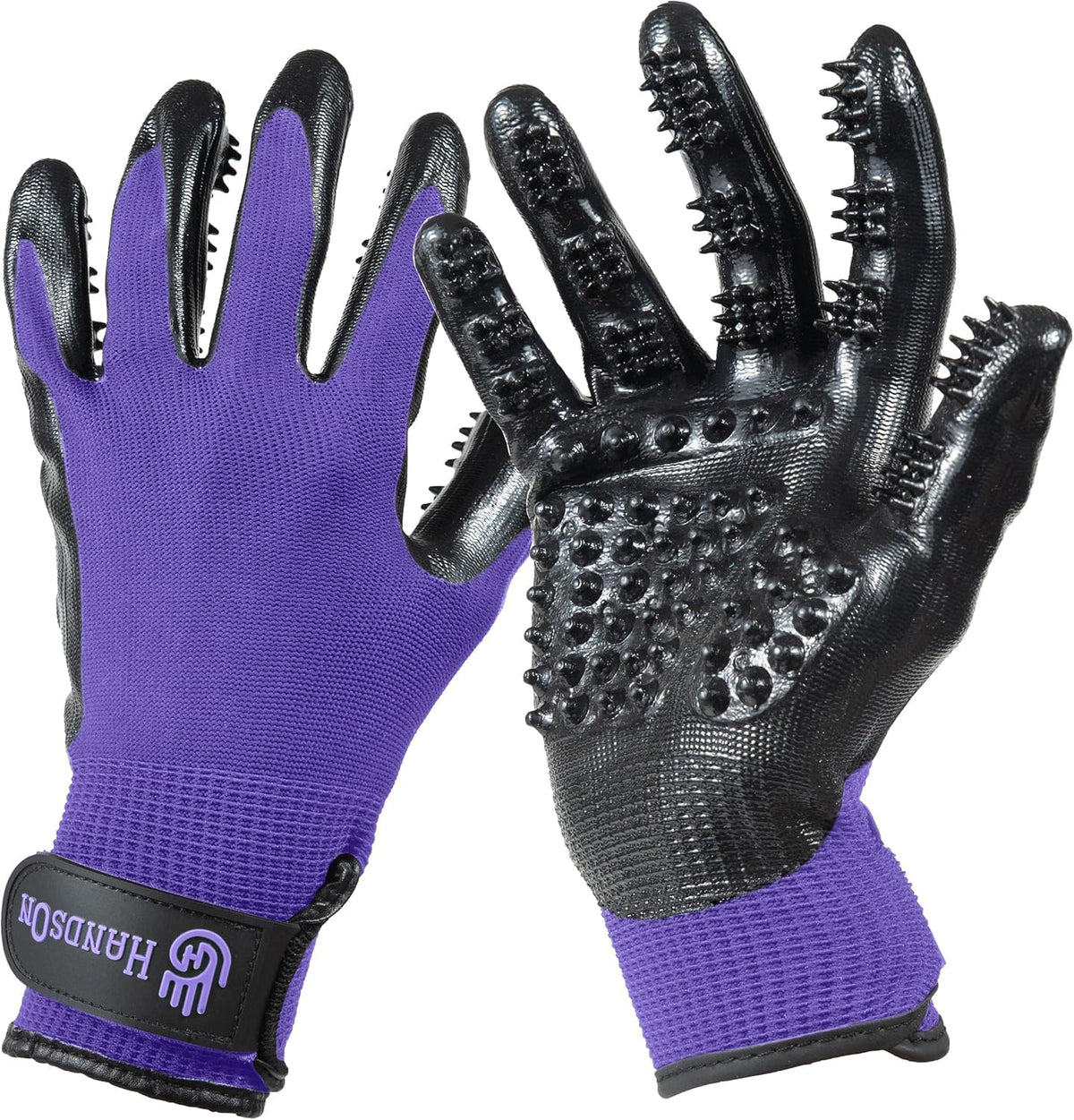 Guantes H HANDSON para cepillado de mascotas, color morado, comodidad y control.