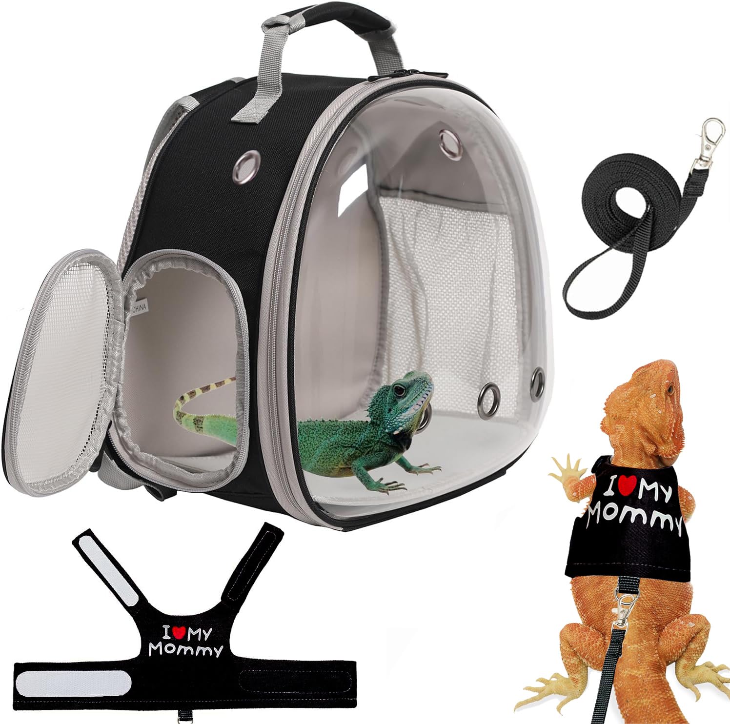 Halinfer mochila transportín dragón barbudo, vista frontal, ideal para viajar con seguridad.