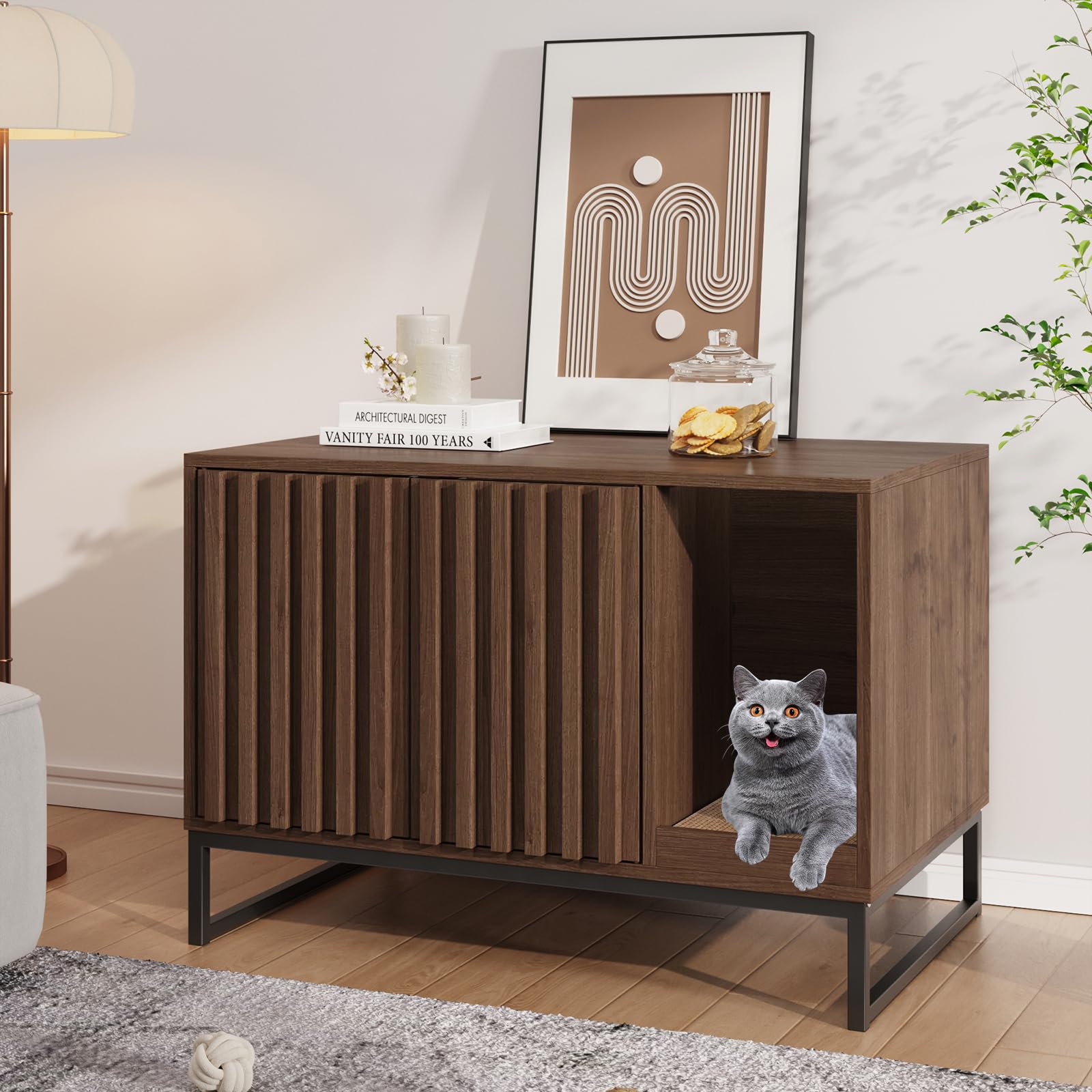 Halitaa caja-arena-gatos mueble-oculto-nogal, solución limpia y privada para su gato.